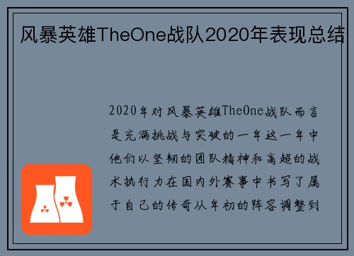 风暴英雄TheOne战队2020年表现总结